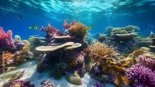 Coral reef with marine life. Generative AI. © John