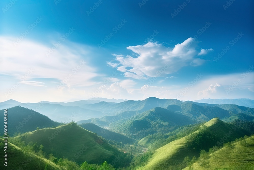 World environment day concept, Green mountains and beautiful blue sky clouds Generative Ai