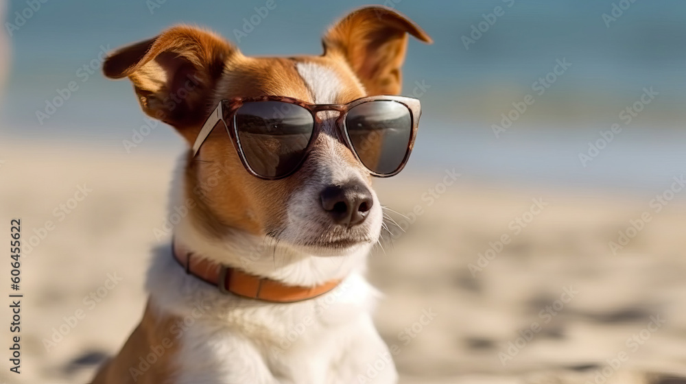 Cute dog with sunglasses on the beach relaxing and enjoying. Holiday concept with the dog. Generative AI