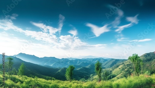 World environment day concept, Green mountains and beautiful blue sky clouds Generative Ai © MstAsma