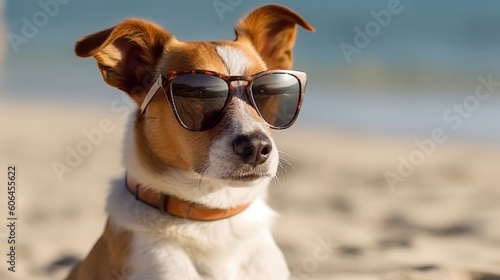 Cute dog with sunglasses on the beach relaxing and enjoying. Holiday concept with the dog. Generative AI © senadesign