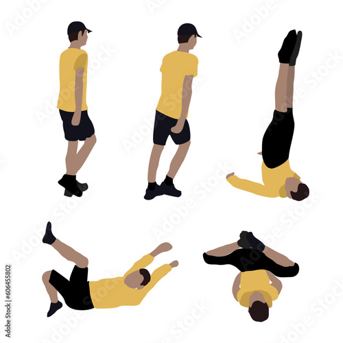 Boy doing sports. Vector drawing of staffage. Young man doing exercises