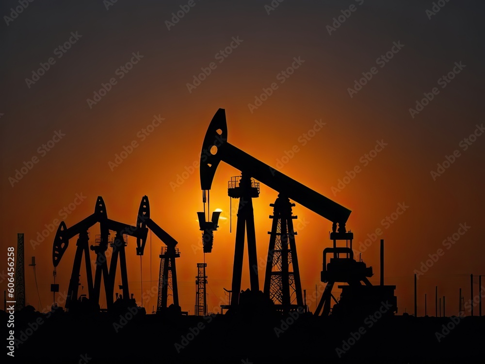 Silhouettes of oil derricks taking oil. ai generative Silhouettes of oil derricks taking oil. ai generative