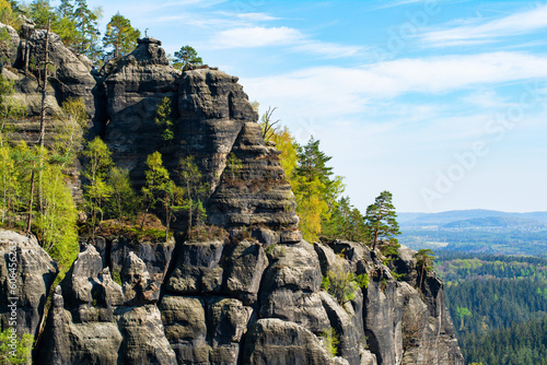 View of Sandstone rock formations in the Elbe River Valley, Saxon Switzerland (Sächsische Schweiz) National Park, Saxony, Germany. Elbe Sandstone Mountains