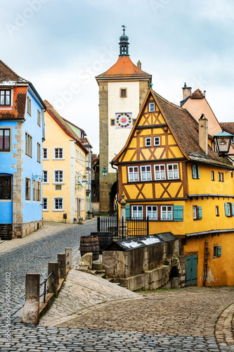 Colourful street of Rothenburg ob der Tauber, Plönlein, the Franconia region of Bavaria, Germany. Medieval old town. The most romantic town in Germany.