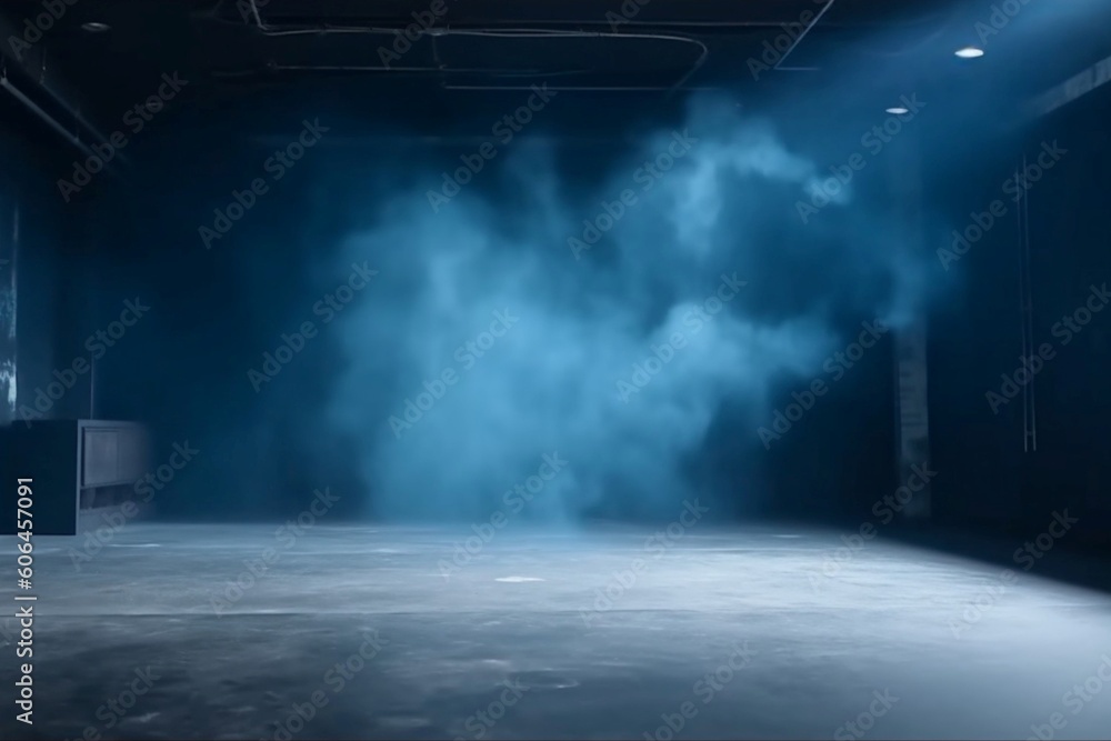 The dark stage shows dark blue background an empty dark scene neon light and spotlights The concrete floor and studio room with smoke float up the interior texture for display products