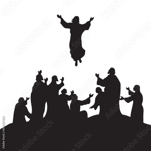 Jesus Christ of heaven over cross - ascension Christ return. Silhouette illustration