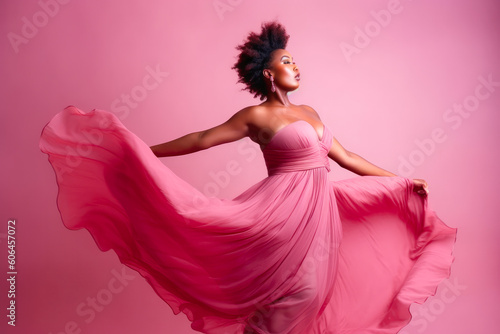 Beautiful American African plus-size model wearing a pink dress portrait on a pink background. Body positivity and diversity. Generative AI