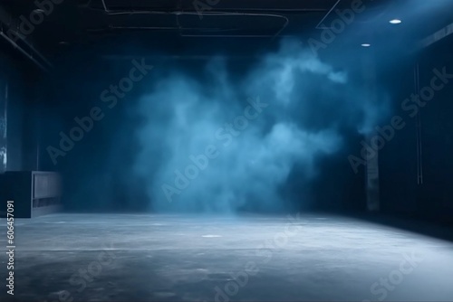 The dark stage shows dark blue background an empty dark scene neon light and spotlights The concrete floor and studio room with smoke float up the interior texture for display products © alisaaa