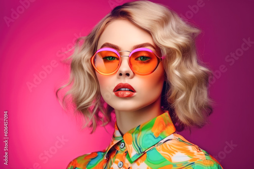 Beautiful fashion model with blonde hair portrait . European young woman wearing glasses. Bright colors, stylish makeup. Generative AI