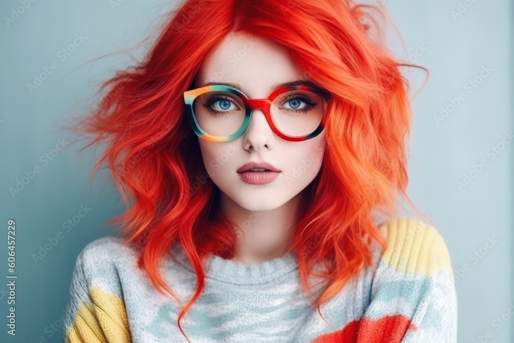 Beautiful fashion female model with red hair portrait . European young woman wearing glasses. Bright colors, stylish makeup