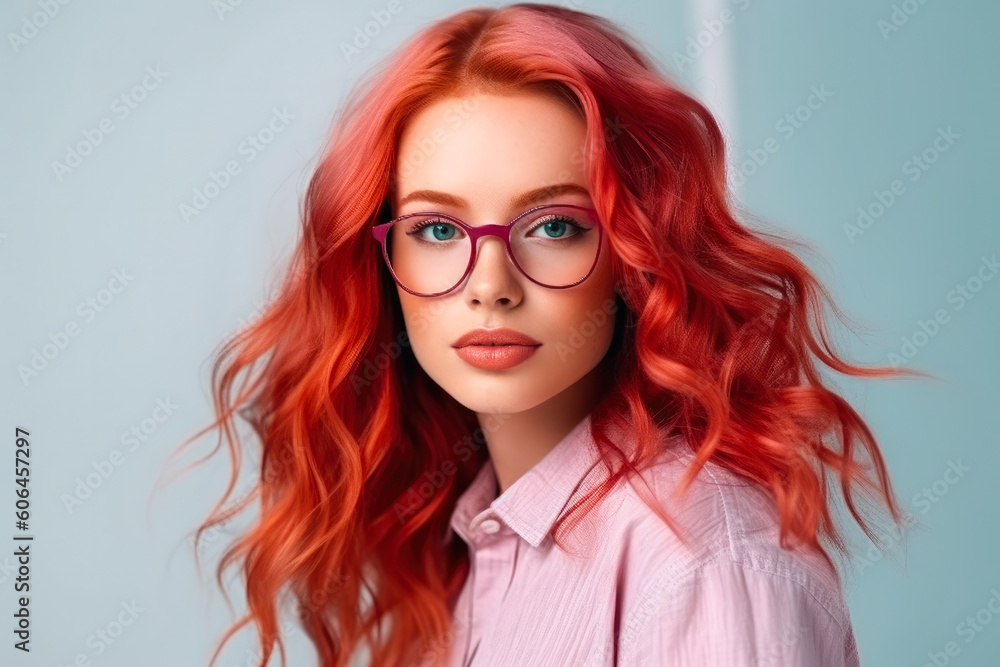 Beautiful fashion female model with red hair portrait . European young woman wearing glasses. Bright colors, stylish makeup