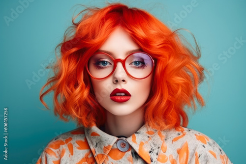 Beautiful fashion female model with red hair portrait . European young woman wearing glasses. Bright colors, stylish makeup © MVProductions