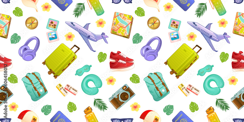 Seamless pattern with accessories for travel and tourism in cartoon style. Vector illustration Seamless pattern with accessories for travel and tourism in cartoon style. Vector illustration