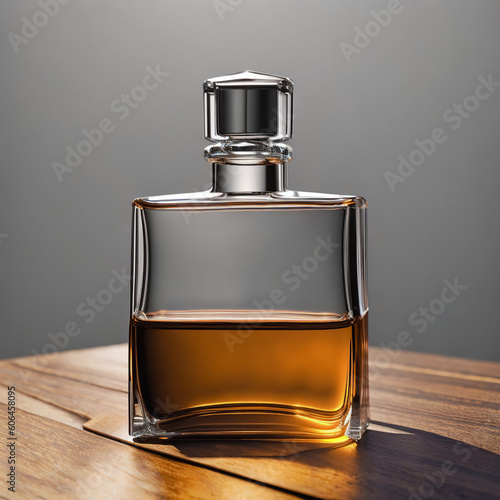 Luxury and square perfume bottle on wooden floor. Generative AI