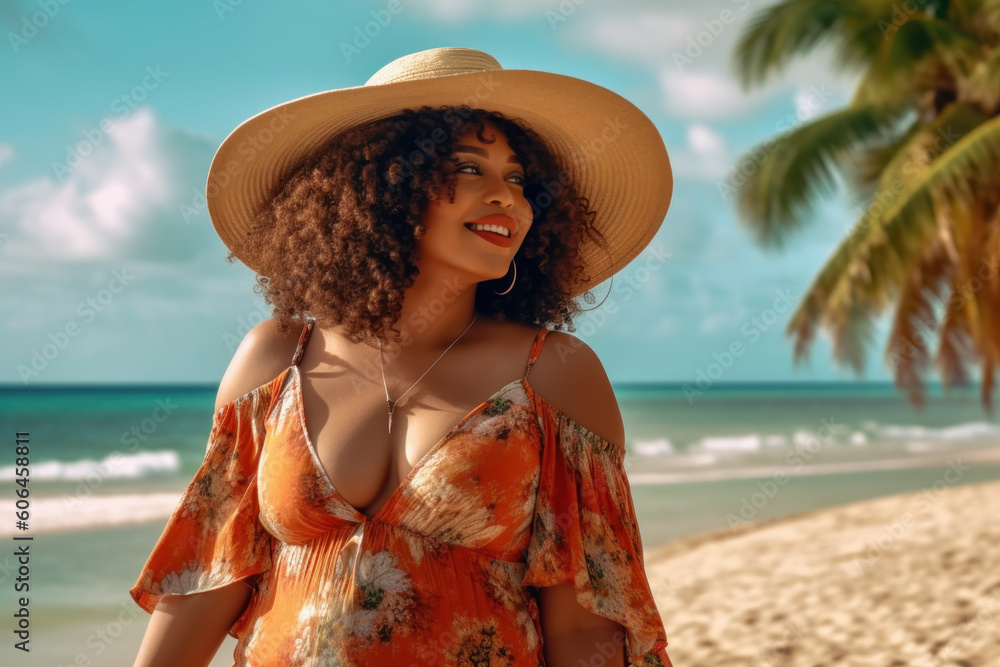 a beautiful smiling curvy Afro-Colombian woman wearing a swimsuit and a hat  on the beach. Generative AI Stock Illustration