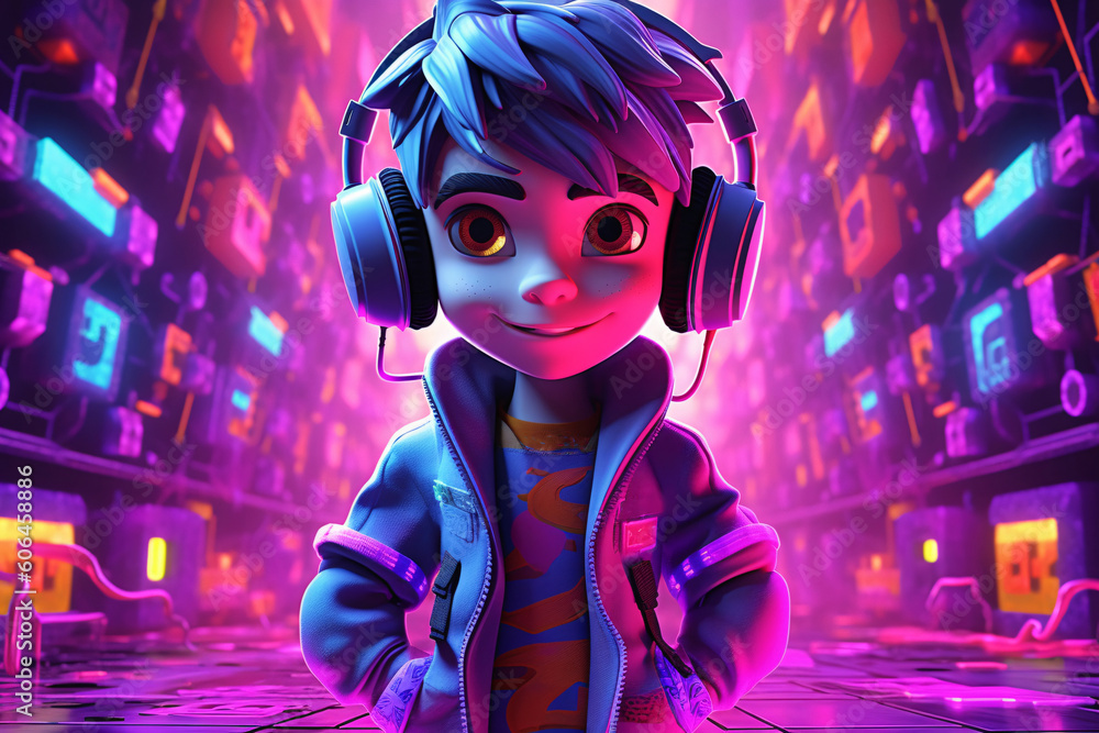 Futuristic cyberpunk, boy with music in headphones, neon lights Futuristic cyberpunk, boy with music in headphones, neon lights