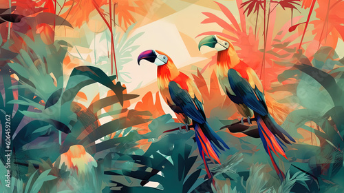 illustrated birds in the jungle, with abstract background, Wallpaper 