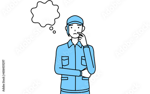 顔をかきながら考える帽子と作業着姿の女性