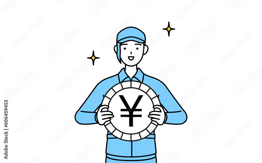 為替差益や円高のイメージ、帽子と作業着姿の女性