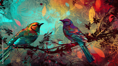 illustrated birds in the jungle, with abstract background, Wallpaper  © Uwe
