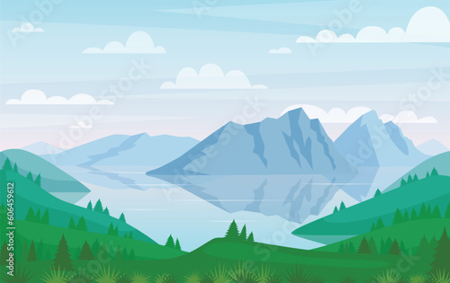 Mountain lake landscape. Vector picturesque place background of spring. Cartoon flat panorama of summer beautiful nature, green grasslands meadow, forest, scenic blue lake and mountains.