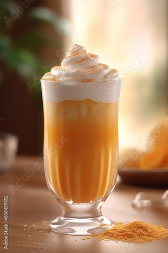 Cooling melon mango orange drink in a glass, topped with fluffy whipped cream. Generative AI