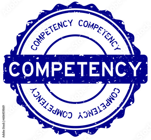 Grunge blue competency word round rubber seal stamp on white background
