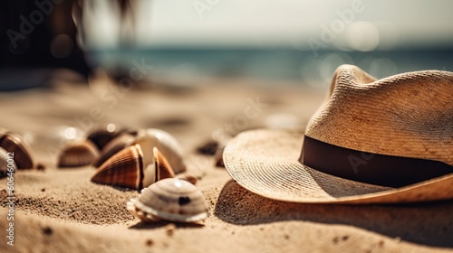 Vacation Concept with Straw Hat and Seashells on Tropical Sandy Beach. Generative AI
