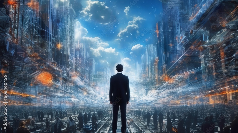 Business man on future network city - Businessman concept - businessman in the city - person in the city - person in front of a city, Generative AI