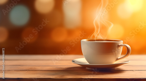Cup of coffee isolated on wooden table with bokeh background and copy space.
