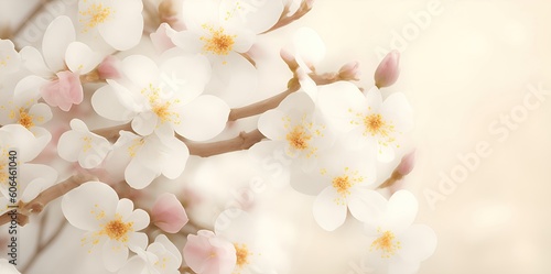 Branch of flowers on a light pastel background  space for text.