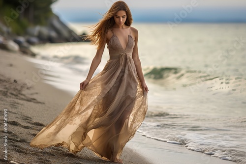 a Caucasian modle in dress catwalking in along the shoreline. generative AI photo