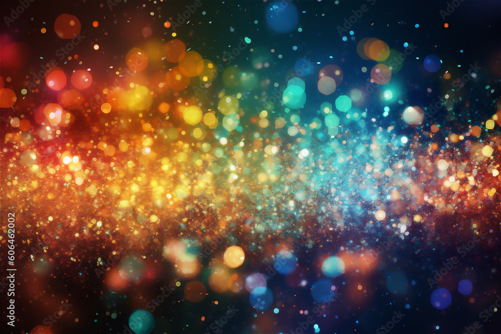 Abstract bokeh background of colorful glowing sparkles in soft focus. AI generated content