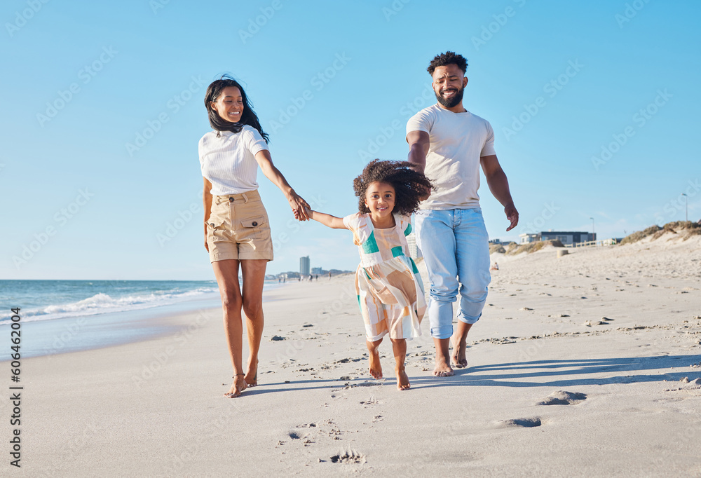 Φωτογραφία Happy family, beach and parents walking with a child excited for the sea, ocean and vacation together in happiness