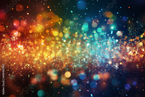 Abstract bokeh background of colorful glowing sparkles in soft focus. AI generated content
