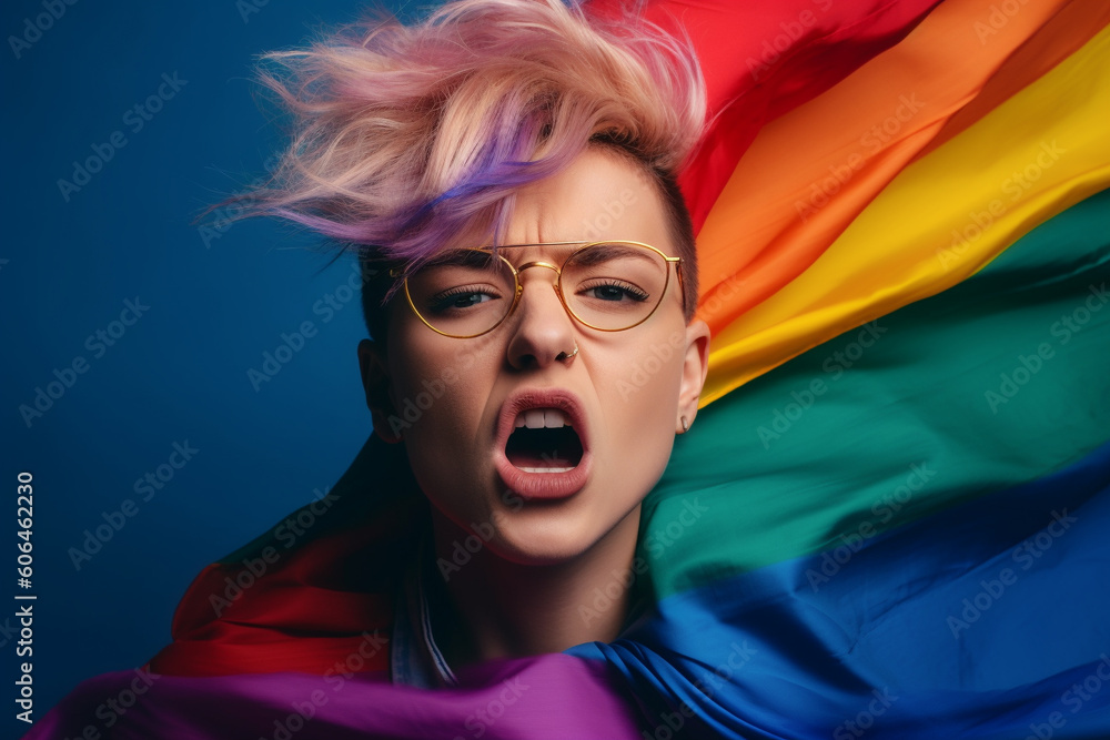 Expressive Generative AI pride photo of a lesbian with a rainbow flag. Inclusive society with equal rights. Pride month celebration of diversity and inclusion.
