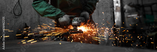 Sparks in metalworking. Metal processing with angle grinder.