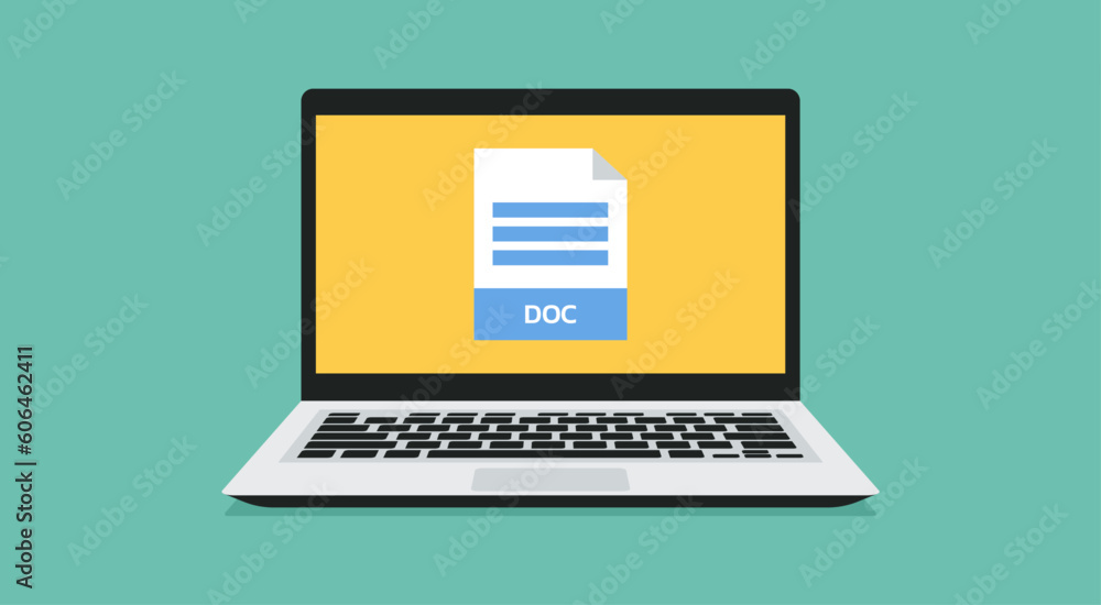 file format icon with DOC label on laptop screen, vector flat illustration file format icon with DOC label on laptop screen, vector flat illustration