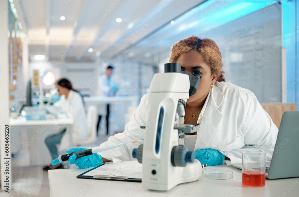 Science, medical and microscope with a woman at work in a laboratory for research or innovation. Healthcare, investigation and development with a female scientist working in a lab for pharmaceuticals Science, medical and microscope with a woman at work in a laboratory for research or innovation. Healthcare, investigation and development with a female scientist working in a lab for pharmaceuticals