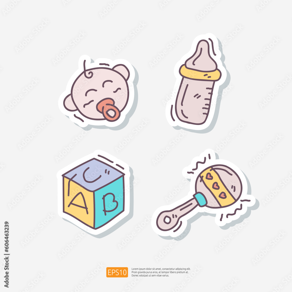 Baby and Kids Toys Sticker Doodle Icon Set. Newborn, Milk Bottle, Alphabet Box, Maracas. Baby Care Items Vector Illustration