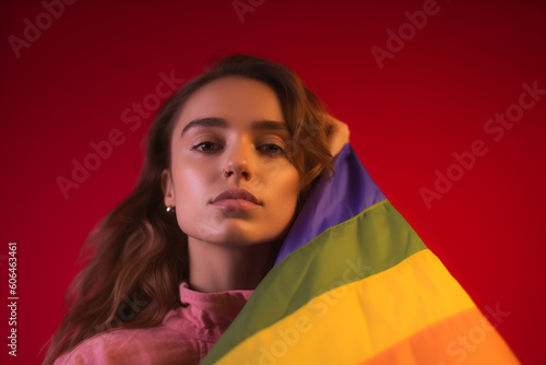 Expressive Generative AI pride photo of a lesbian with a rainbow flag. Inclusive society with equal rights. Pride month celebration of diversity and inclusion.  © 20s to 90s