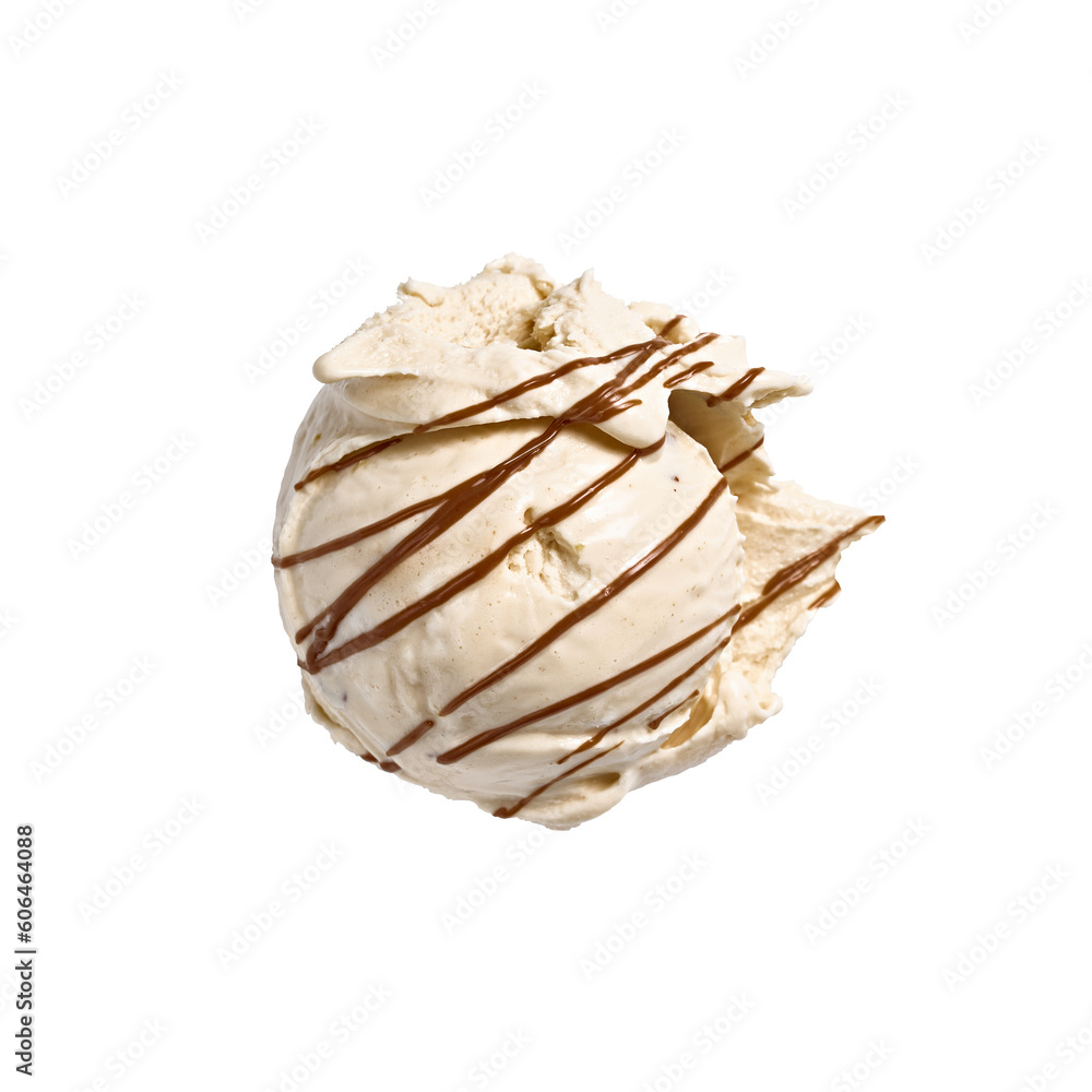 ball of ice cream with caramel on a white background ball of ice cream with caramel on a white background