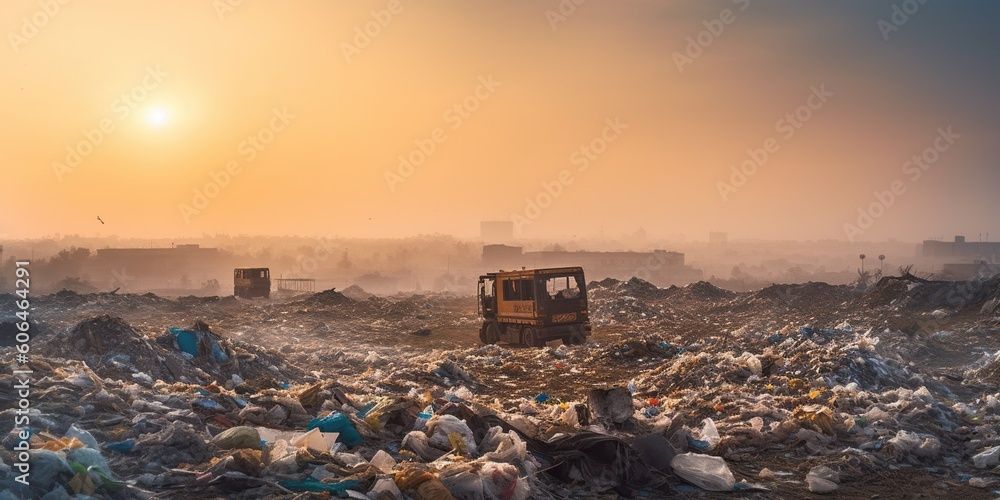 Landfill site expands as far as the eye can see, highlighting the enormity of the garbage disposal problem, concept of Sustainability crisis, created with Generative AI technology Landfill site expands as far as the eye can see, highlighting the enormity of the garbage disposal problem, concept of Sustainability crisis, created with Generative AI technology