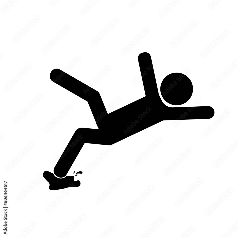 Black isolated illustration of wet Floor slippery surface sign icon with falling man in modern rounded style. For template safety indoor industrial sign Black isolated illustration of wet Floor slippery surface sign icon with falling man in modern rounded style. For template safety indoor industrial sign