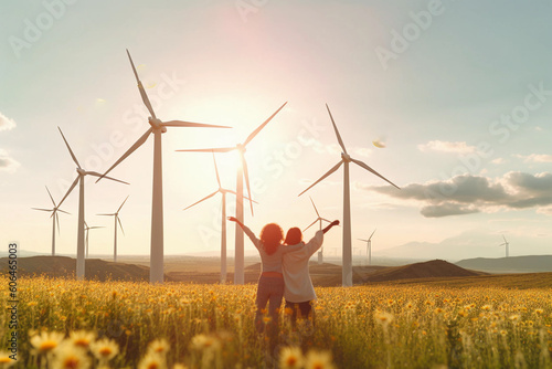 Fotografia wind clean renewable energy concept, with pretty cheerful women in the field