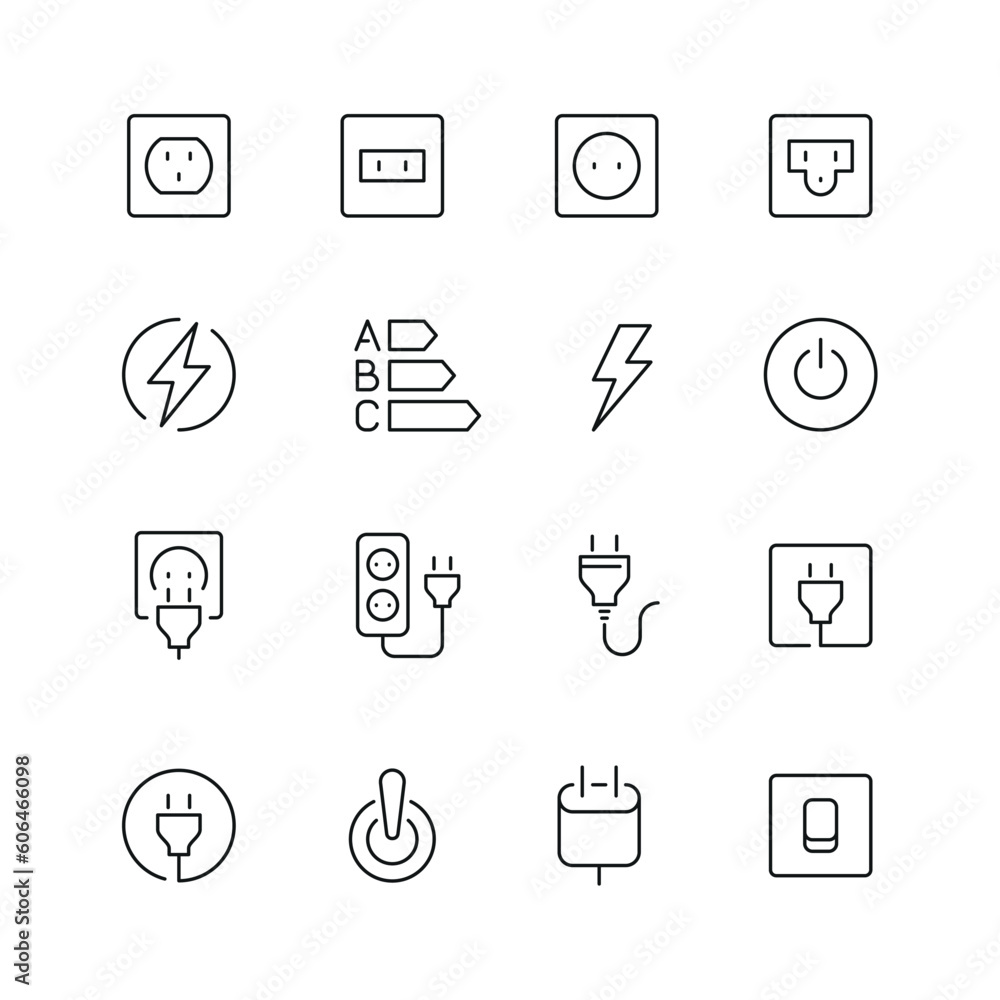 Vector line set of icons related with electrical sockets and plugs. Contains monochrome icons like socket, plug, electric, outlet and more. Simple outline sign. Vector line set of icons related with electrical sockets and plugs. Contains monochrome icons like socket, plug, electric, outlet and more. Simple outline sign.