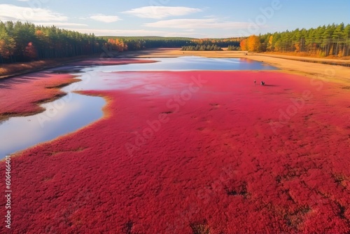 An aerial view of a cranberry bog during harvest season, displaying the vibrant colors and patterns photo