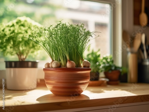 chives in a small terra cotta pot, surrounded by other herbs in a kitchen windowsill