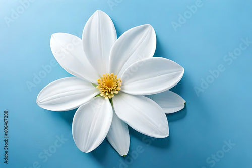 Top view, White magnolia head on sky blue background, flat lay